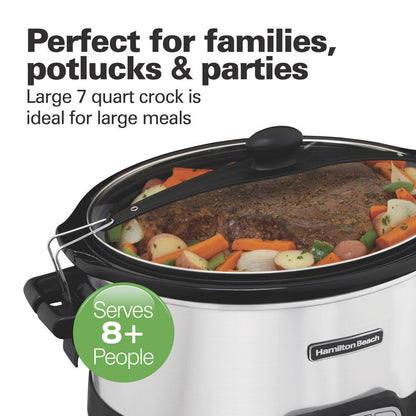 Programmable Stay or Go Slow Cooker, 7 Quart Capacity, Lid Lock for Portability, Dishwasher Safe Removable Crock, Silver 33576