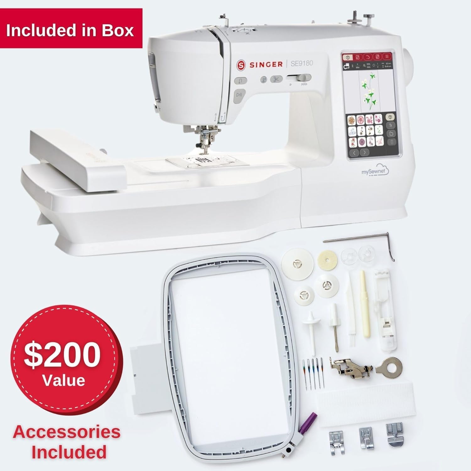 SINGER SE9180 Sewing & Embroidery Machine | 250 Built-In Stitches, 150 Embroidery Designs, 10 Fonts, 1-Step Buttonhole, 7" Touchscreen, Automatic Needle Threader & Wifi Connectivity