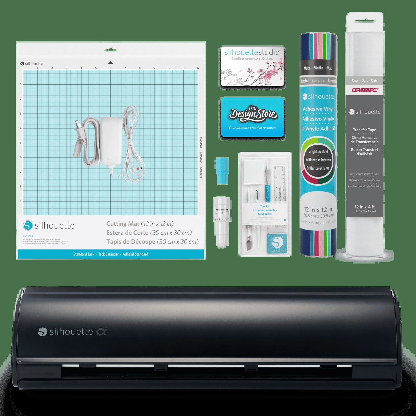 Silhouette Cameo 5Α (Alpha) Cutting Machine (Matte Black) Basic Bundle with Vinyl, Transfer Tape, Tools, Cutting Mat, Designs & Software