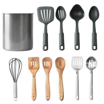 11 Piece Silver, Black, and Wood Kitchen Tools with Stainless Steel Crock Set