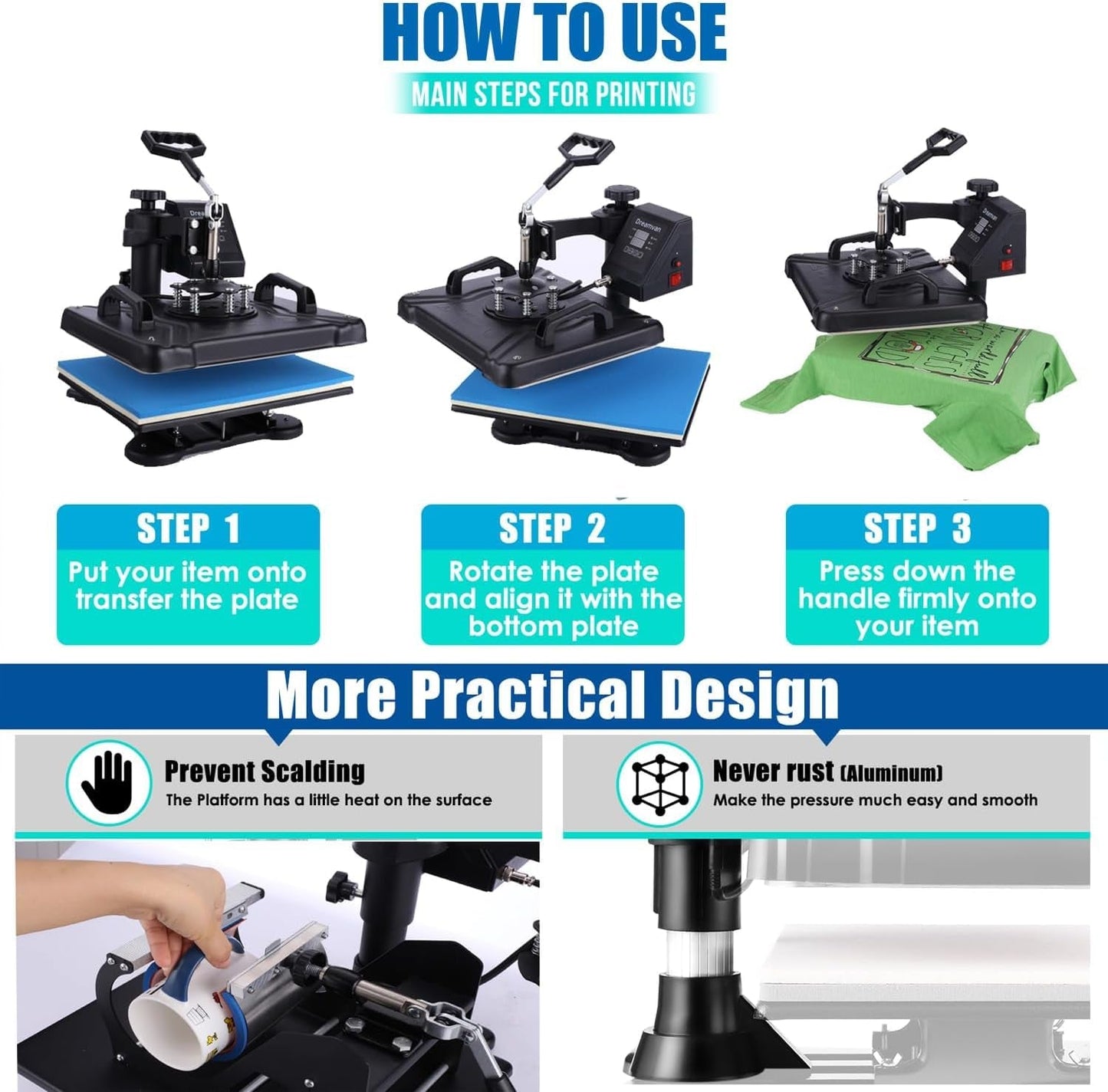 Heat Press Machine for Tshirts, 5 in 1 Heat Transfer Machine, 12" X 15" Heat Printing Press for Sublimation Combo with 360 Degree Rotation Swing Away for T-Shirt Hat Cap Mug Plate, Blue Black