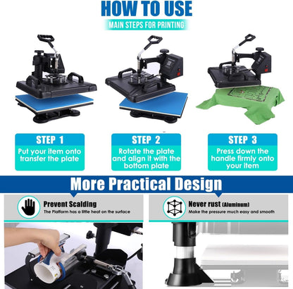 Heat Press Machine for Tshirts, 5 in 1 Heat Transfer Machine, 12" X 15" Heat Printing Press for Sublimation Combo with 360 Degree Rotation Swing Away for T-Shirt Hat Cap Mug Plate, Blue Black