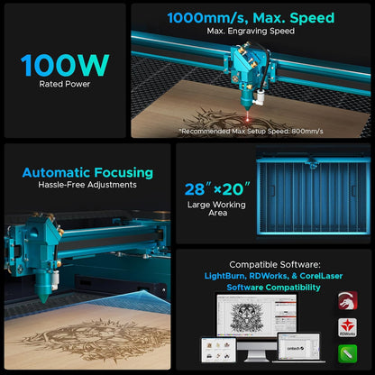 Omtech 100W CO2 Laser Engraver, 28"X20" Laser Engraving Machine with Autofocus 2 Way Pass-Throughs Built-In Air Assist, Commercial Laser Cutting Etching Machine for Wood Glass Acrylic Leather More