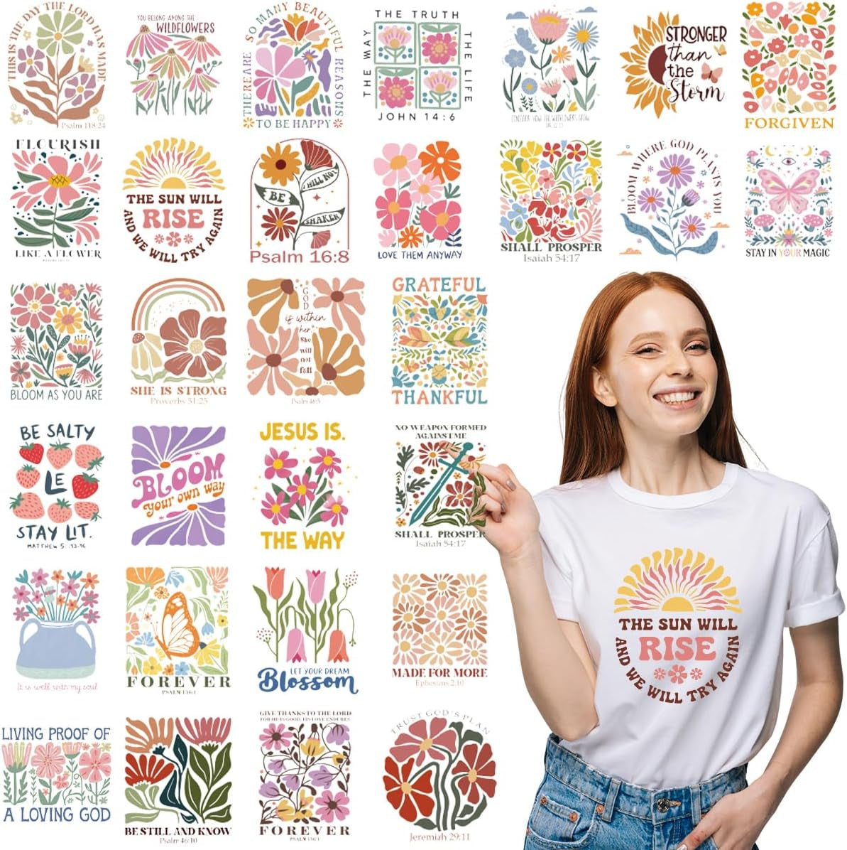 Dtf Transfers Ready to Press - 30 Sheets Boho Floral Iron on Transfers for T Shirts Stickers, Inspirational Bible Heat Transfer Vinyl Crafts, Flowers Iron on Decals for Clothes Bags DIY Designs