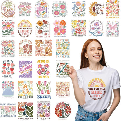 Dtf Transfers Ready to Press - 30 Sheets Boho Floral Iron on Transfers for T Shirts Stickers, Inspirational Bible Heat Transfer Vinyl Crafts, Flowers Iron on Decals for Clothes Bags DIY Designs