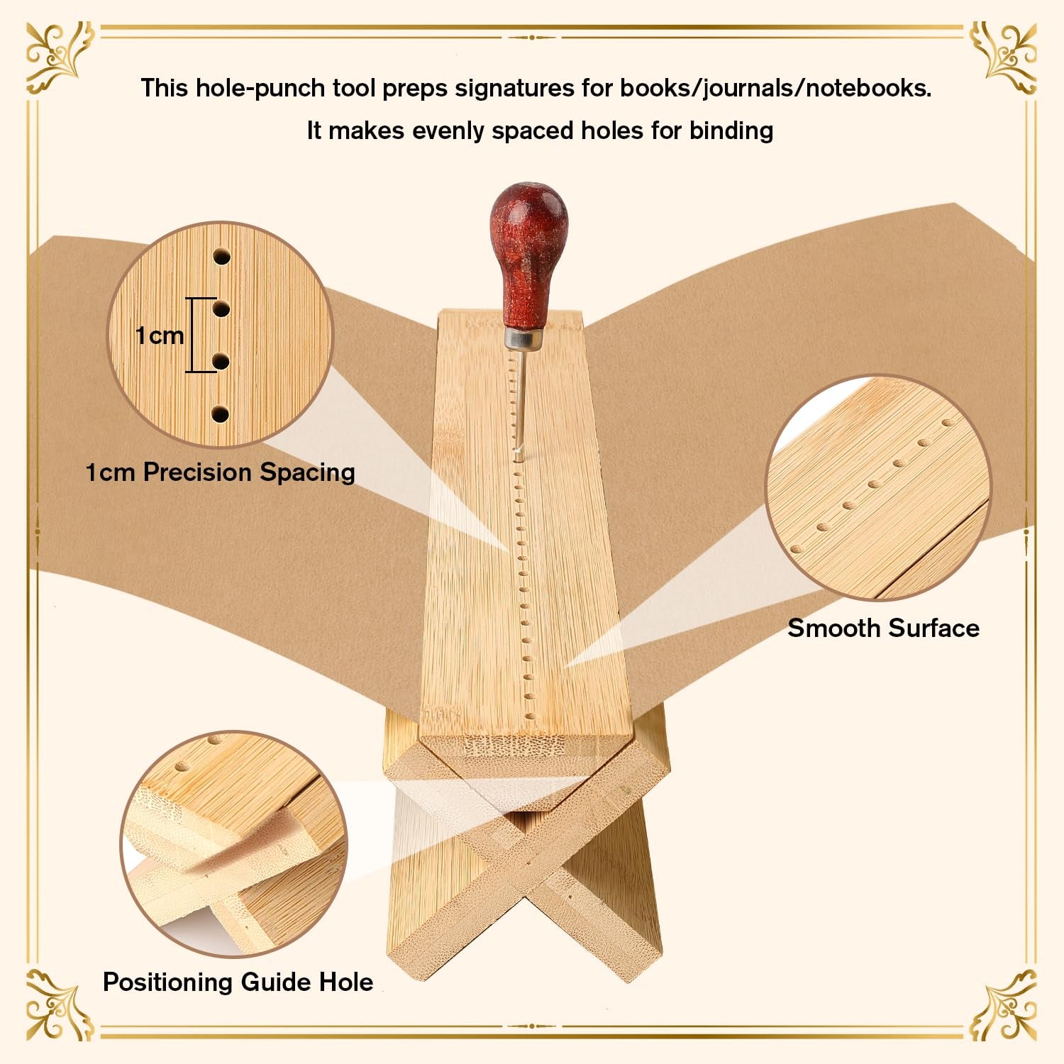 Gute Bamboo Book Binding Cradle with Awl,Hole Punch Tool for Bookbinding | Solid Bamboo Build,Ergonomic Rounded Edges,Weighted Anti-Slip Base,Compact & Portable,Easy to Store