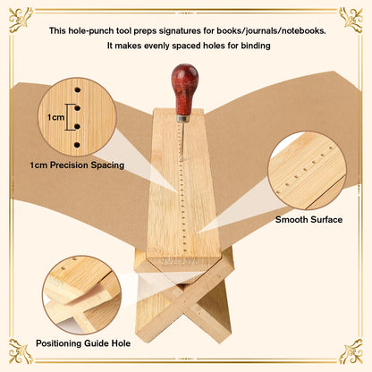 Gute Bamboo Book Binding Cradle with Awl,Hole Punch Tool for Bookbinding | Solid Bamboo Build,Ergonomic Rounded Edges,Weighted Anti-Slip Base,Compact & Portable,Easy to Store