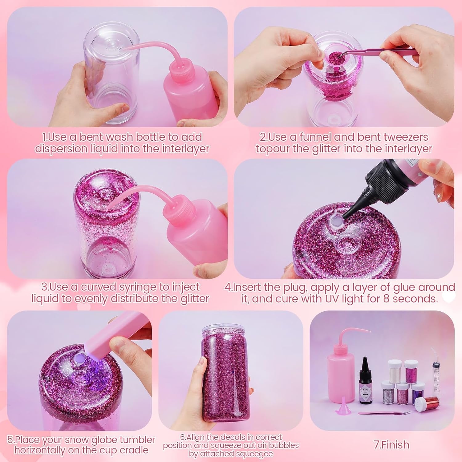 6 Pack Valentine'S Day DIY Snow Globe Tumbler Supplies Kits 16Oz Pre Drilled Double Wall Can Glitter Squeeze Bottle UV Resin Flashlight Pink Red Powder Stickers Valentine Making Tools for Starters