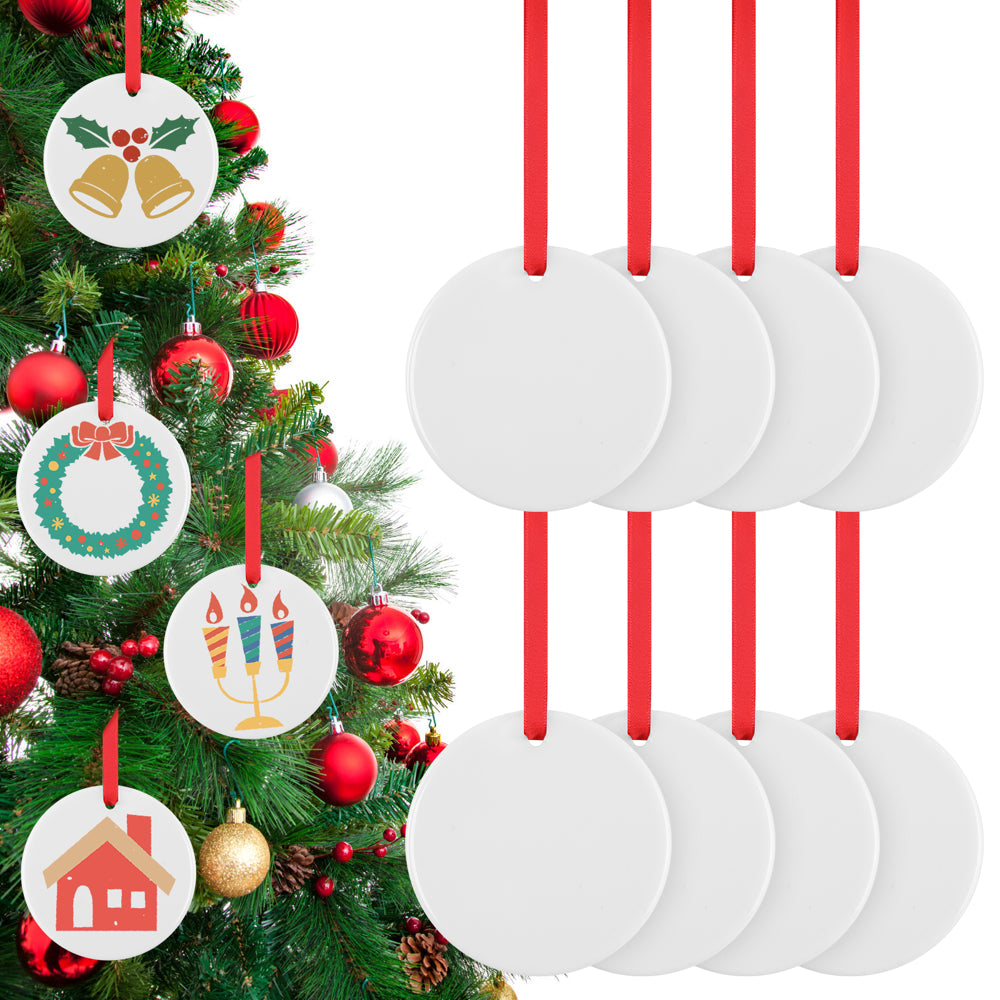 Sublimation Ornament Blanks - 24Pcs Ceramic Sublimation Christmas Ornament Blanks Sublimation Blanks Ornaments Bulk with Red Strings for Christmas Halloween Decor(2.87Ches)