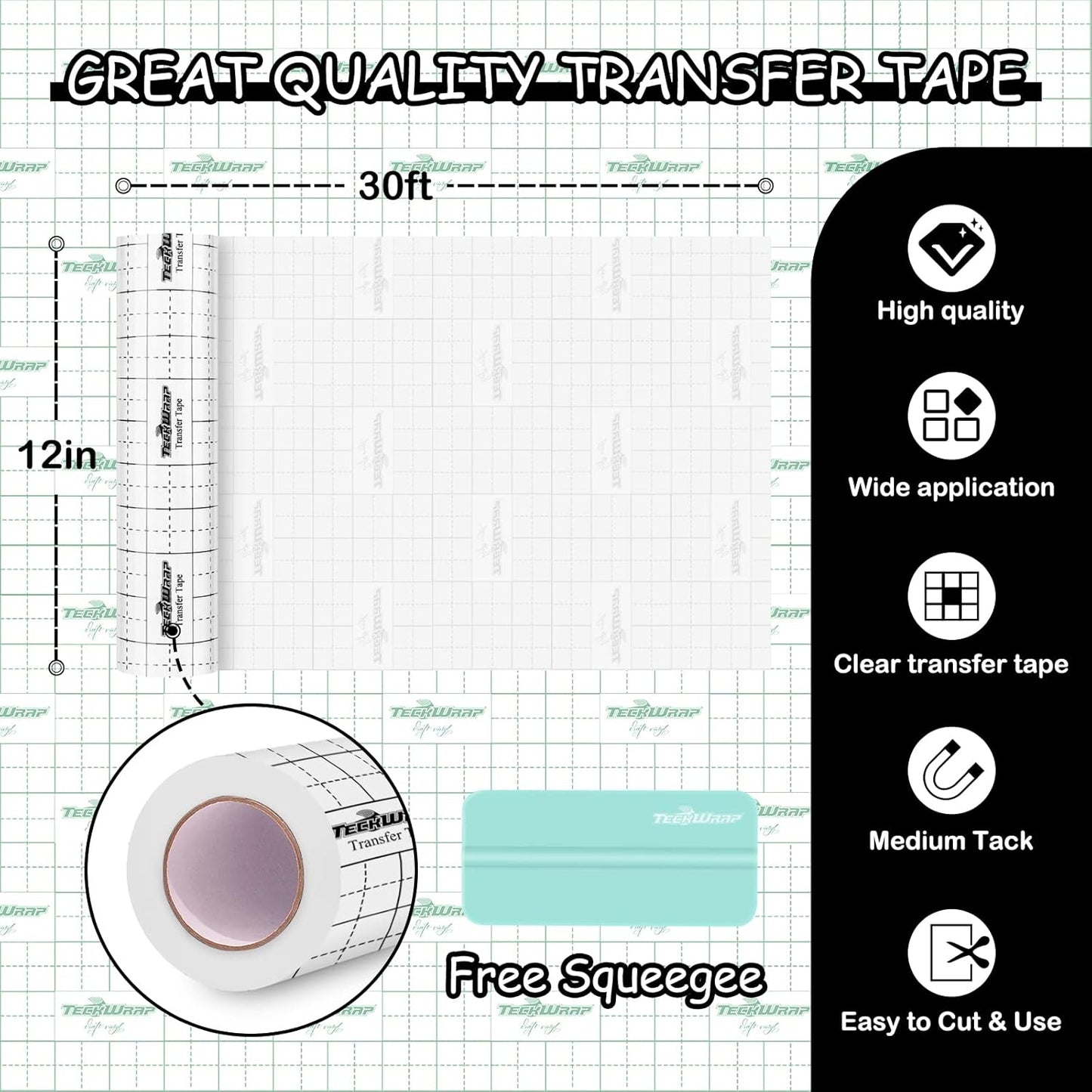 Transfer Tape for Vinyl Medium Tack 12” X 30FT Alignment Black Grid Application Tape Perfect for Craft Adhesive Vinyl for Signs,Stickers,Decals,Walls,Doors, Windows