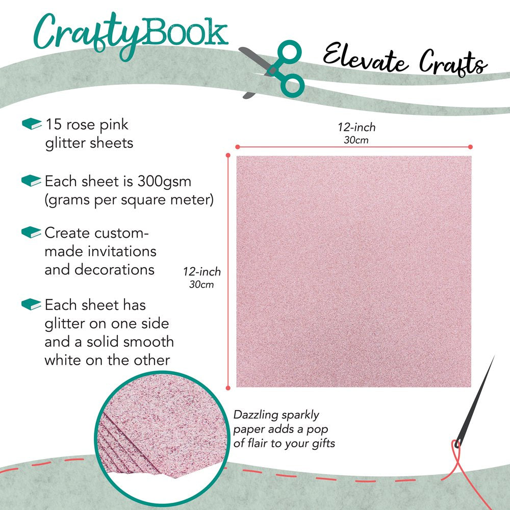 Glitter Cardstock Set - 15 Sheets of Rose Pink 12X12In Glitter Paper