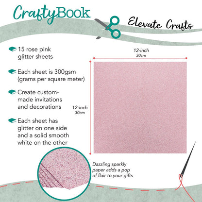 Glitter Cardstock Set - 15 Sheets of Rose Pink 12X12In Glitter Paper