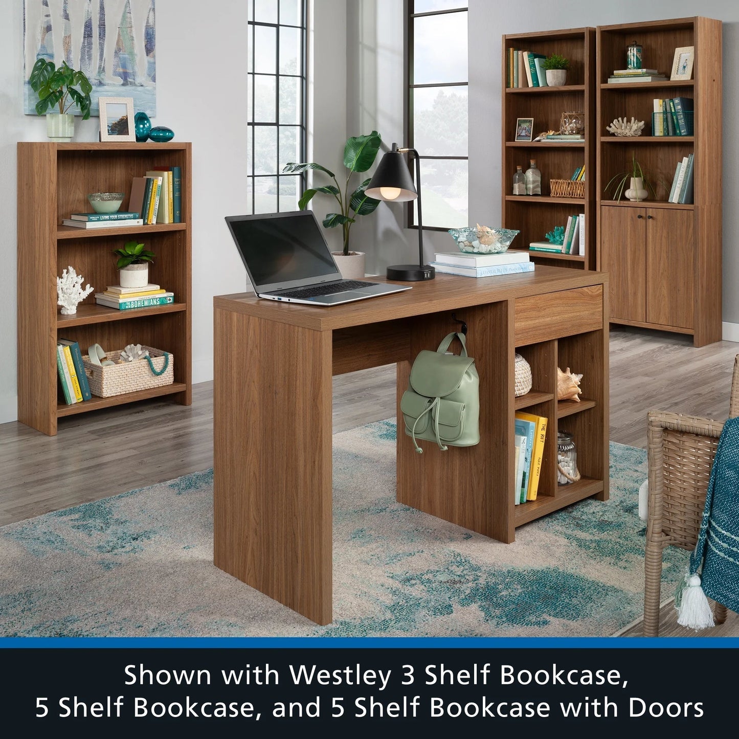 Westley Adjustable Shelf Desk with Gaming Headphone Hook and Cable Management, Warm Walnut Finish