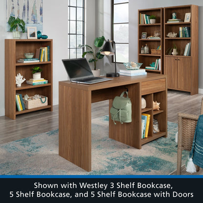 Westley Adjustable Shelf Desk with Gaming Headphone Hook and Cable Management, Warm Walnut Finish