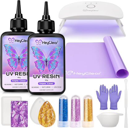 Heyclear UV Resin Kit with Light -200G Crystal Clear, Hard Resina UV Light Fast Curing UV Glue for Beginners Crafting, Molds Jewelry Making, DIY Craft Decorations