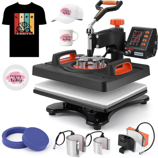 Heat Press Machine, 12 X 15 Inch, 6 in 1 Heat Press, 800W Sublimation Machine, 360° Rotation Swing-Away Heat Press, Dual-Tube Heating Printing for DIY T-Shirts Cap Mugs