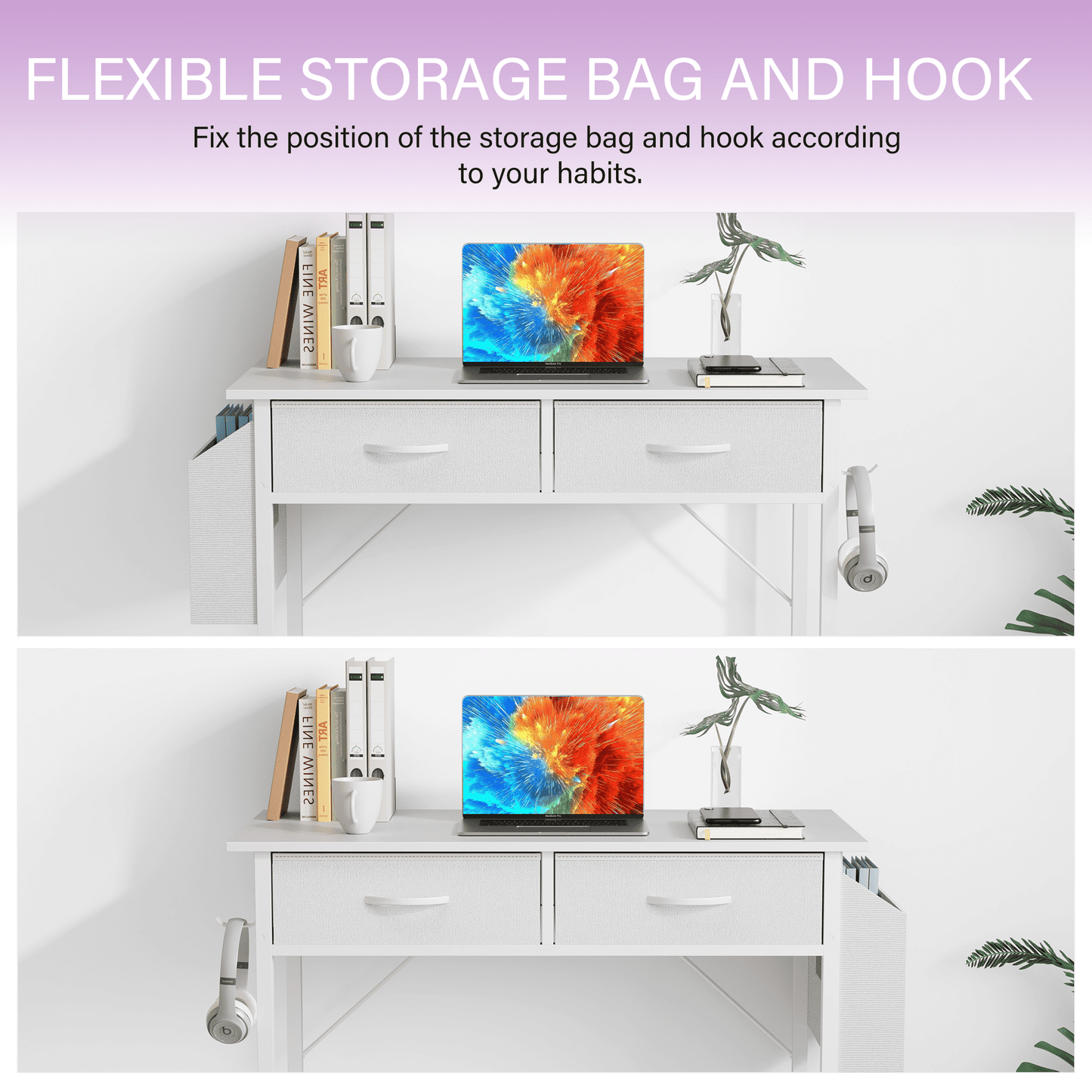 32 Inch Small Desk with Fabric Drawers & Storage Bag Iron Hook, Computer Desk,White Vanity Desk with Storage for Bedroom, White