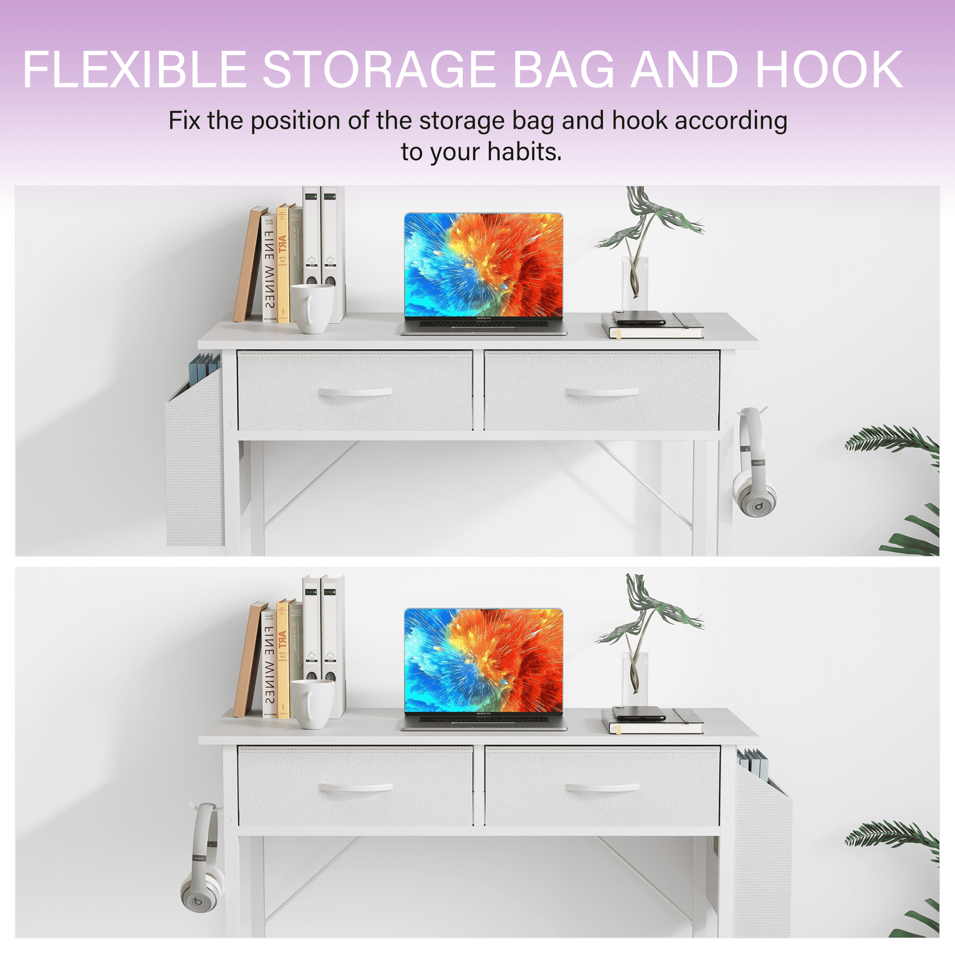 32 Inch Small Desk with Fabric Drawers & Storage Bag Iron Hook, Computer Desk,White Vanity Desk with Storage for Bedroom, White