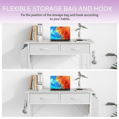 32 Inch Small Desk with Fabric Drawers & Storage Bag Iron Hook, Computer Desk,White Vanity Desk with Storage for Bedroom, White