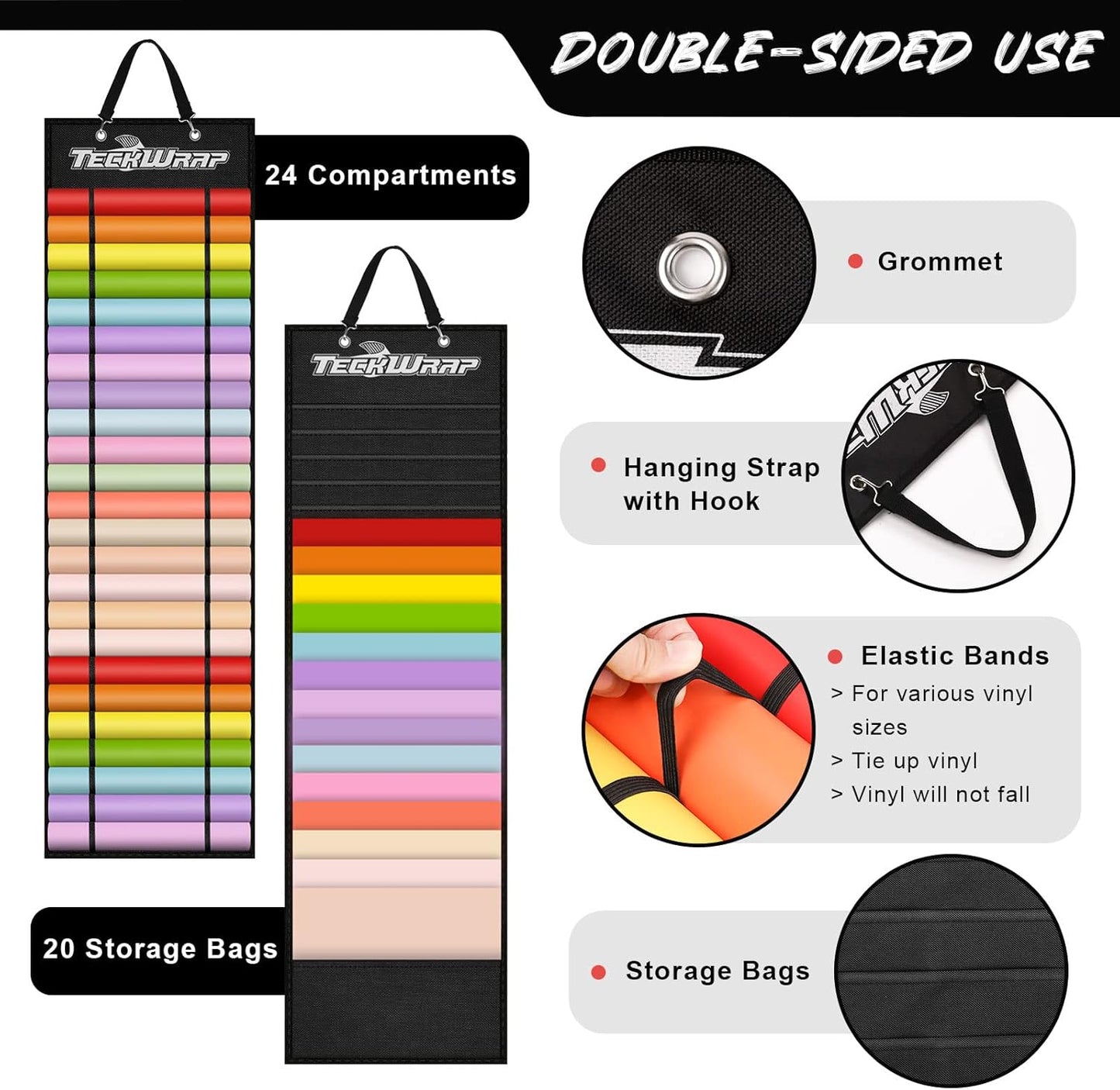 Vinyl Roll Holder, Vinyl Roll Storage Organizer Black Double-Sided Wall-Mount with 44 Compartments