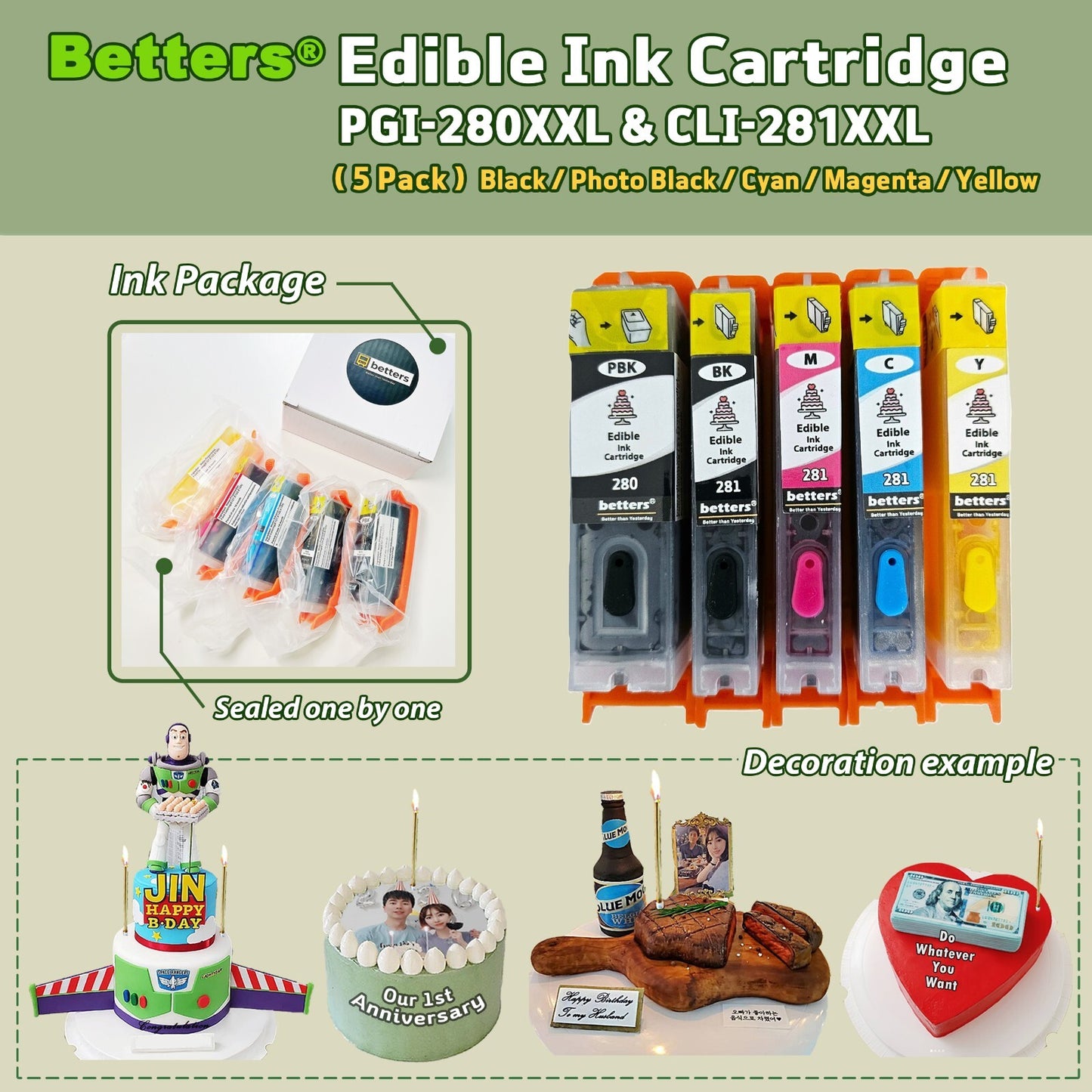 Betters® Edible Ink PGI-280XXL CLI-281XXL Refillable Cartridge for Canon ,5 Sets
