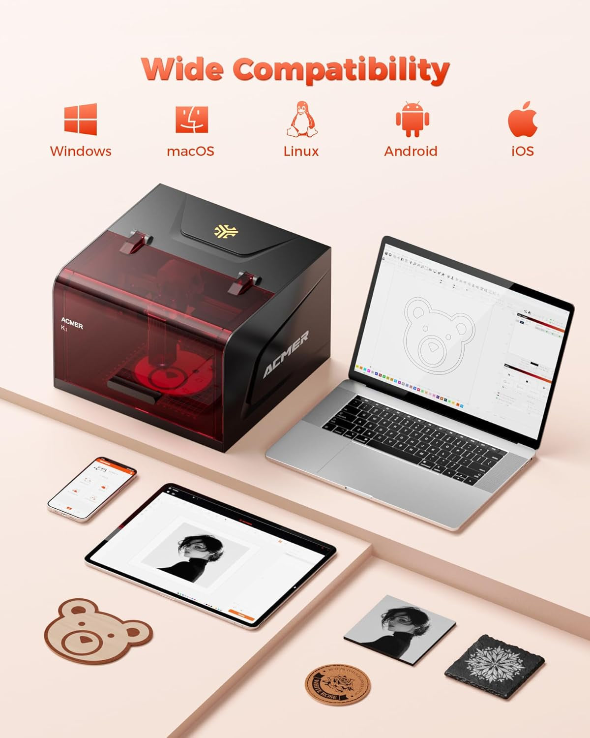 ACMER Laser Engraver Machine, K1 3500Mw Desktop Engraving Machine, 0.01Mm Ultra-Precision, Laser Cutter for Wood Acrylic Glass Leather, DIY Crafts & Small Business with Engraving Enclosure Honeycomb