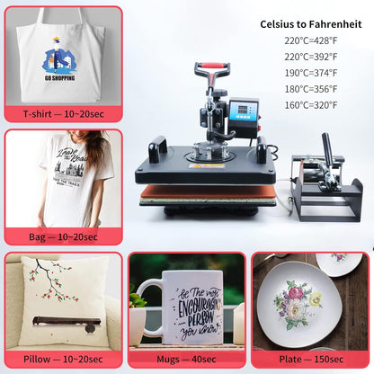 Heat Press Machine 12 X 15 Inch 8 in 1 Heat Press Sublimation Machine 360°Rotation Away Shirt Printing Machine Heating Multifunction Heat Press Transfer Machine for DIY T-Shirts Cap Mugs