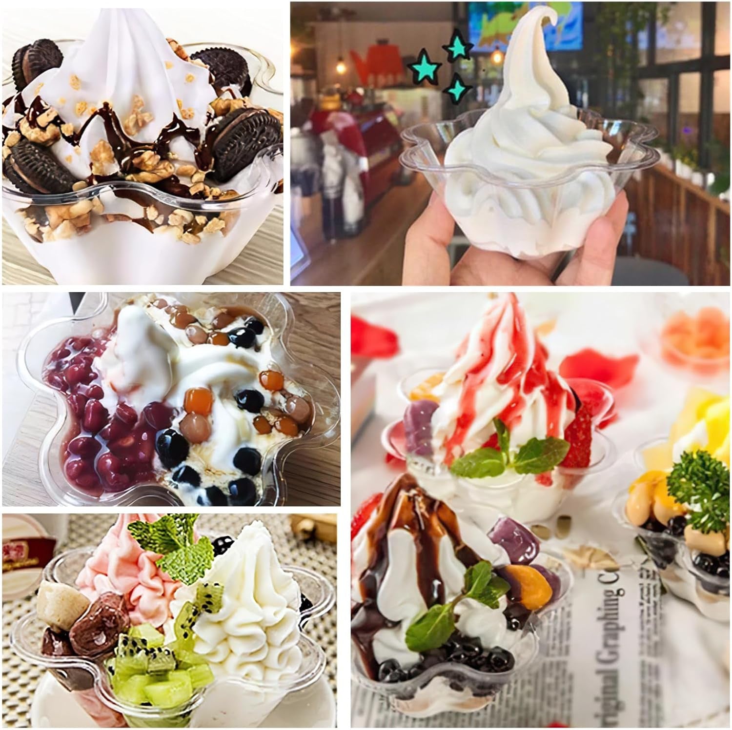 TOFLEN 8 Oz Dessert Cups with Spoons, 50 Pack Clear Plastic Small Party Serving Bowls for Sundae, Parfait, Fruit, Strawberry Shortcake, Disposable Snack Bowls (Flower Shape)