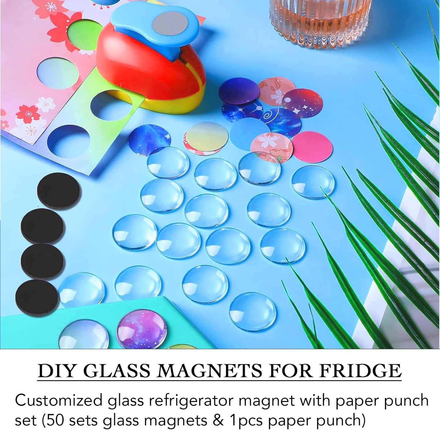 97Pcs DIY Fridge Magnets Craft Set Include 1-Inch Paper Punch,Craft Magnets Glass Ceramic Ferrite Magnet with Adhesive Backing and Clear Glass Cabochons for Refrigerator (48 Sets,1 Inch, Round)
