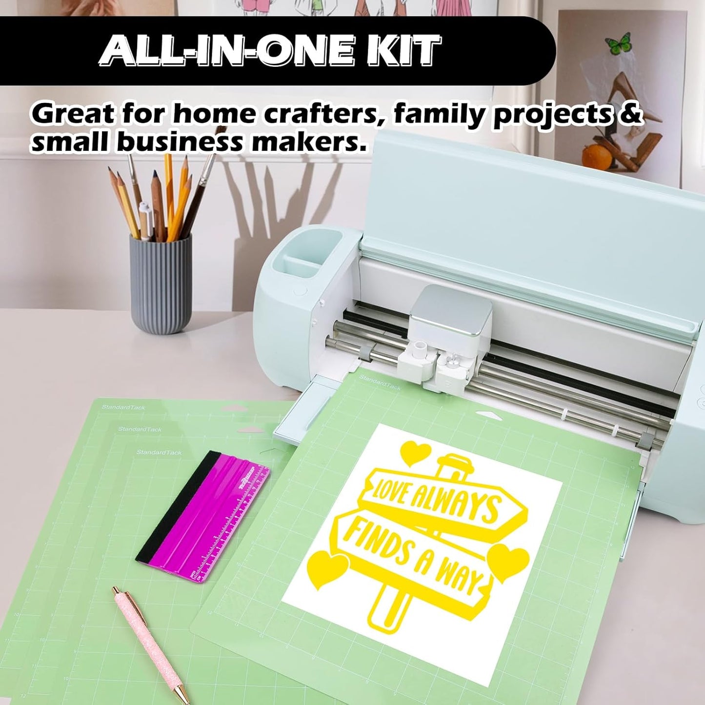 4 Pack 12"X12" Green Standard Adhesive Cutting Mats, with Precision Vinyl Pin Pen & 6 Inch Squeegee - Ideal for HTV, Vinyl, Quilting & Crafting, Compatible with Popular Cutting Machines