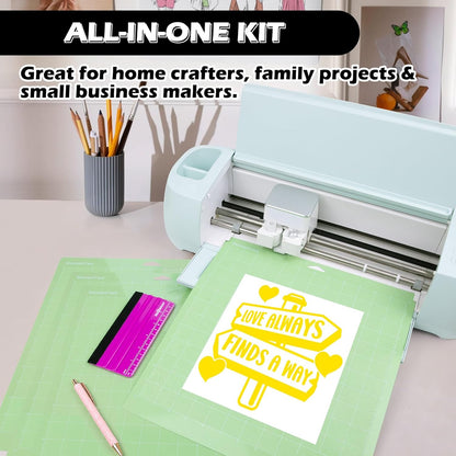 4 Pack 12"X12" Green Standard Adhesive Cutting Mats, with Precision Vinyl Pin Pen & 6 Inch Squeegee - Ideal for HTV, Vinyl, Quilting & Crafting, Compatible with Popular Cutting Machines