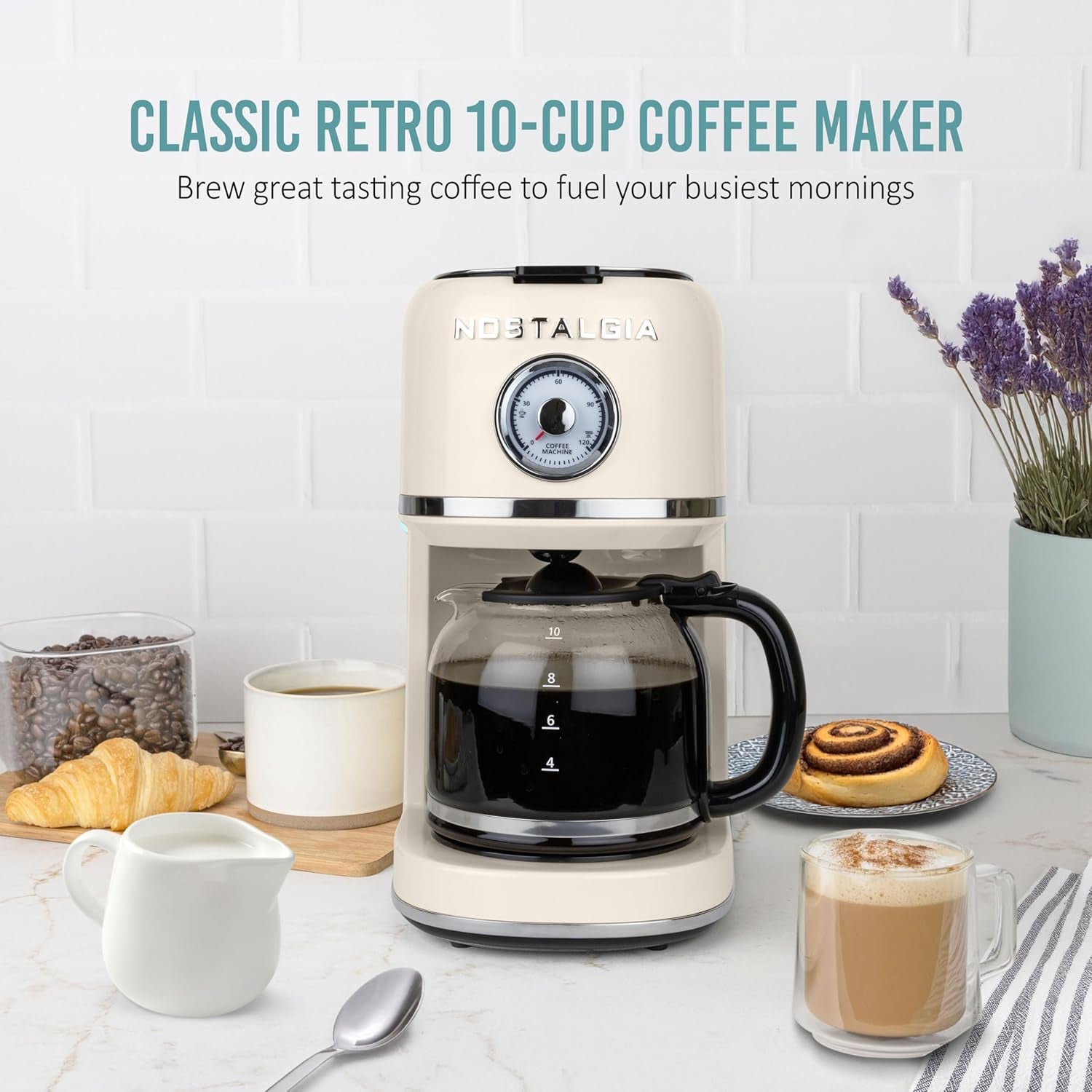 Nostalgia Classic Retro 10 Cup Coffee Maker - One-Touch Drip Brew, Reusable Filter - Anti-Drip, Auto Shutoff, & Time Display - Dishwasher Safe 50 Oz Carafe - Cream