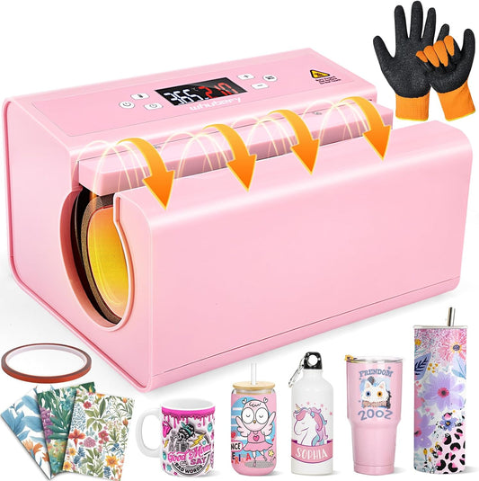 Whubefy Auto Tumbler Heat Press, Mug Press Sublimation Machine Even Heating, Automatic Press&Release Tumbler Press Machine for 2.85-3.34Inch Sublimation Tumblers Cups W/Sublimation Papers/Tape/Gloves