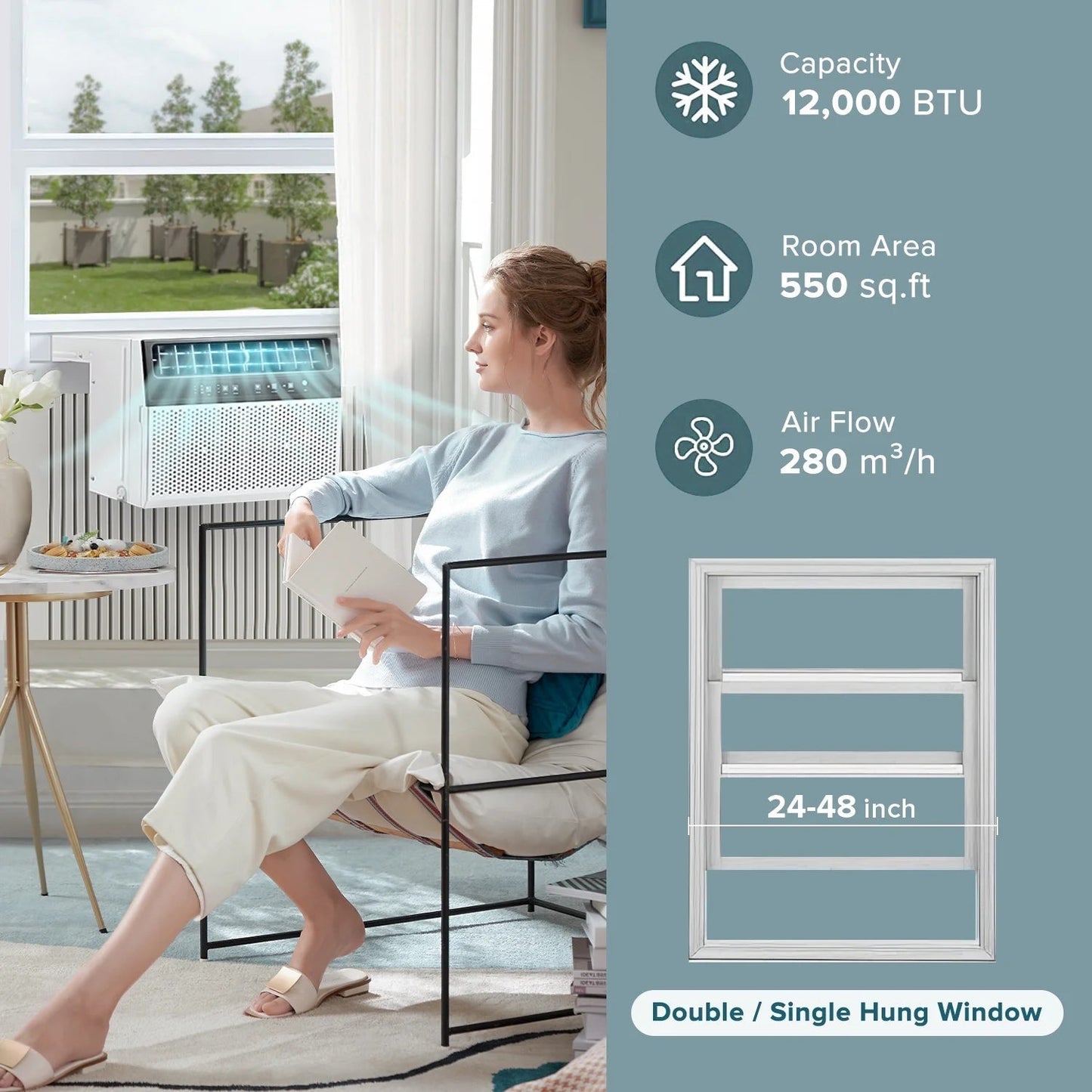 Window Air Conditioner, 12,000 BTU Ashrae Cools 550 Sq.Ft, Window AC Unit 6-In-1 Mode, 24-Hour Timing, Remote Control of Room/Office/Apartment