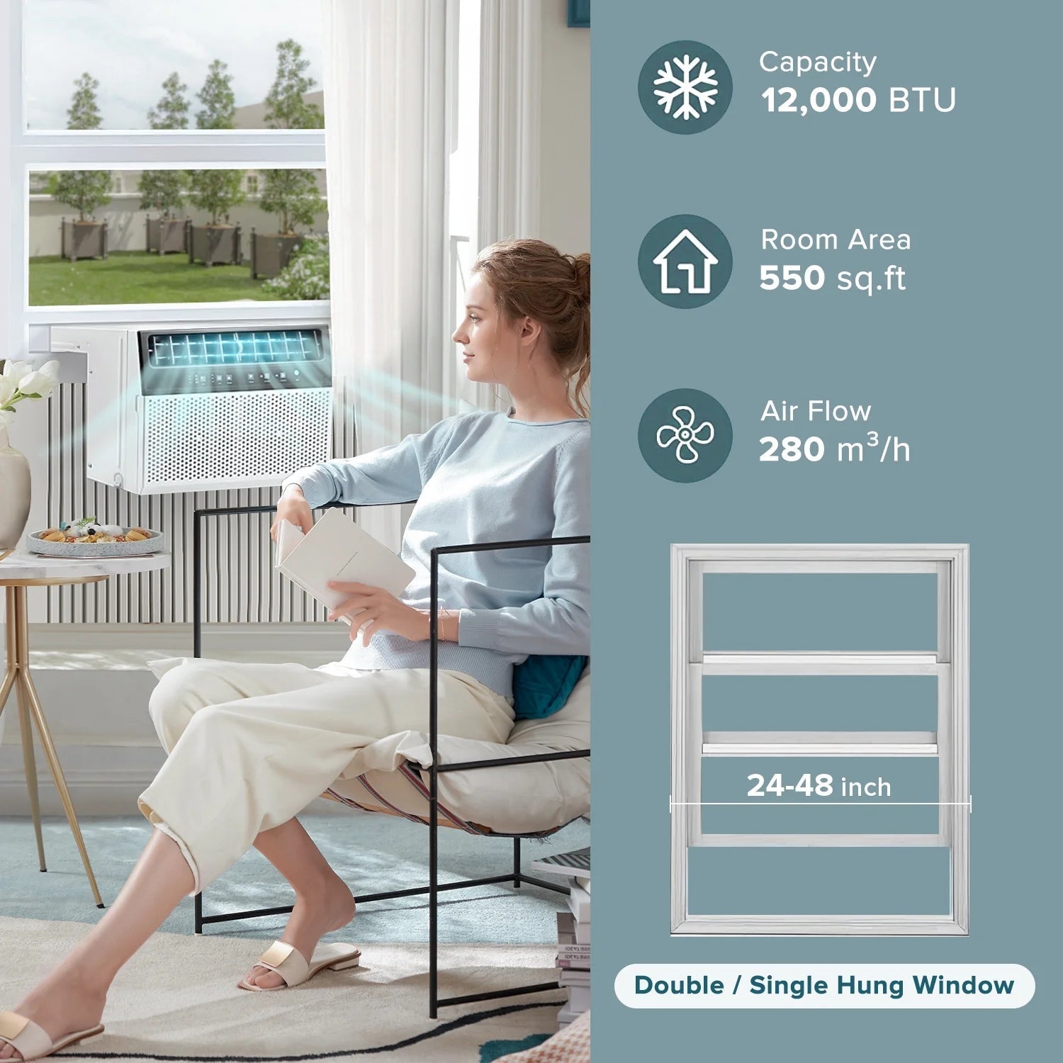Window Air Conditioner, 12,000 BTU Ashrae Cools 550 Sq.Ft, Window AC Unit 6-In-1 Mode, 24-Hour Timing, Remote Control of Room/Office/Apartment