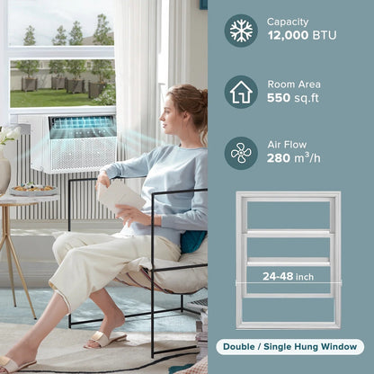 Window Air Conditioner, 12,000 BTU Ashrae Cools 550 Sq.Ft, Window AC Unit 6-In-1 Mode, 24-Hour Timing, Remote Control of Room/Office/Apartment