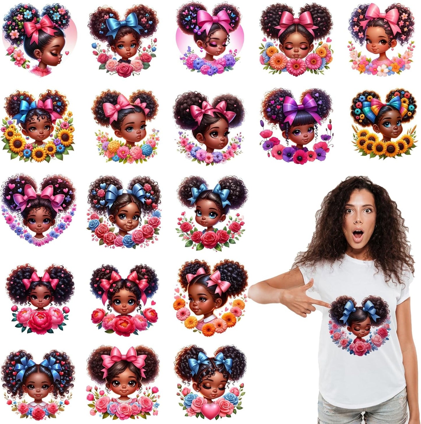 20 Pcs 7 Inch Vinyl DTF Heat Transfers for Shirts with Afro Girl and Floral Heart Designs for DIY Apparel Crafting and Gift Projects