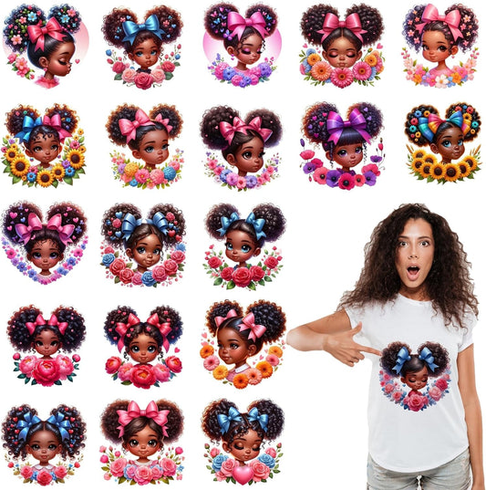 20 Pcs 7 Inch Vinyl DTF Heat Transfers for Shirts with Afro Girl and Floral Heart Designs for DIY Apparel Crafting and Gift Projects