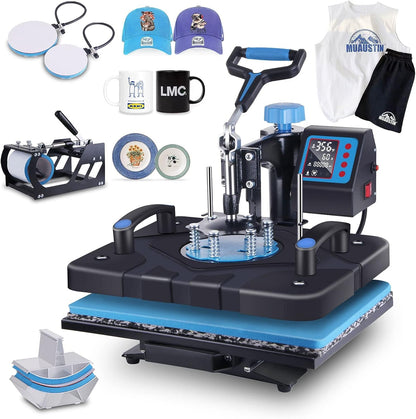 Upgraded 5 in 1 Heat Press Machine 12X15 Inch Heat Transfer Machine 360-Degree Swing Away Multifunction Digital Sublimation Combo Heat Press for T Shirt Mug Hat Plate for Commercial Home 110V