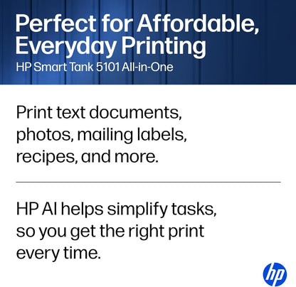 HP Smart Tank 5101 Wireless All-In-One Refillable Printer, Scanner, Copier with 2 Years of Ink Included, Wireless (2.4Ghz Only) Printer-For-Home Use (1F3Y0A)