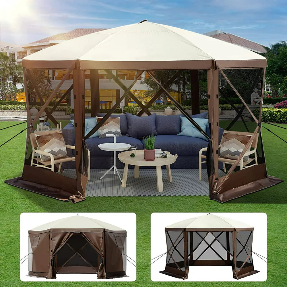 brand Camping Gazebo Tent, 10'X10', 6 Sided Pop-Up Canopy Screen Tent for 8 Person Camping, Waterproof Screen Shelter W/ Portable Storage Bag, Ground Stakes, Mesh Windows, Brown & Beige