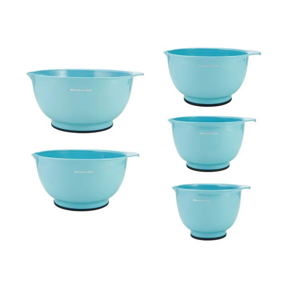 Set of 5 Plastic Mixing Bowls in Aqua Sky with Rubber Bottom