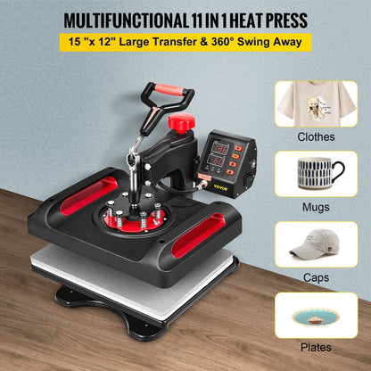 11 in 1 Heat Press, 15X12 Inch Multifunctional Clamshell Printer, 800W Digital Dual-Tube Heat Press Transfer Machine, 360°Swing Away Sublimation Machine for T-Shirt Hat Cap Mug Plate Pen Shoes