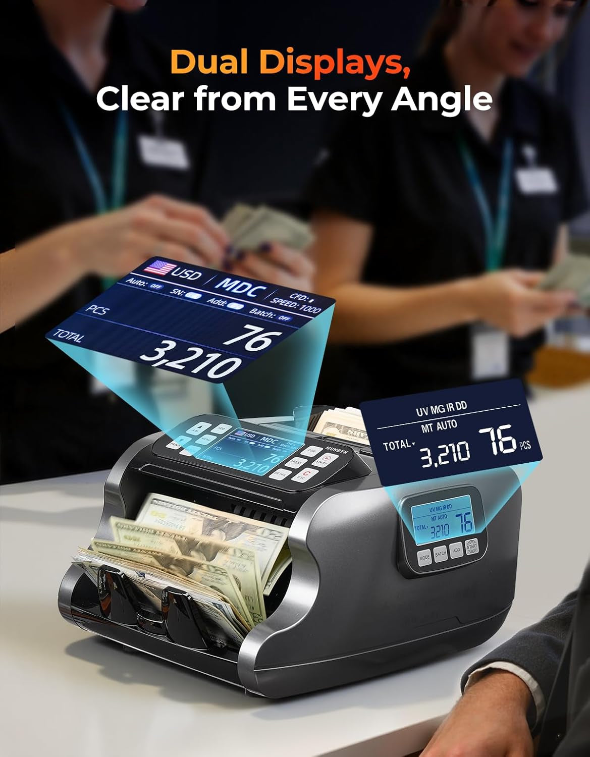 MUNBYN IMC22 Money Counter Machine Mixed Denomination, Dual-Display, CIS/UV/IR/MG Counterfeit Detection Bill Counter, USD, MXN, COP, CAD Cash Counter for Business, Merchant, 2Y Protect (Black)