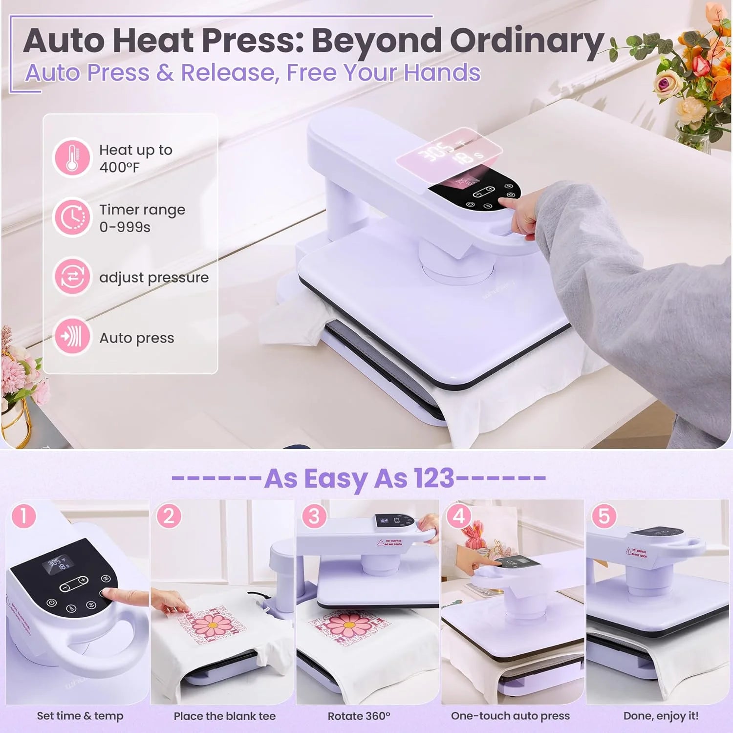 Adnoom Auto Heat Press Machine with Swivel Design,Auto Release & Off,15X15 Sublimation Shirt Press with Higher Heating Height for T-Shirt,Heat Transfer Projects,Purple
