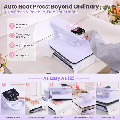 Adnoom Auto Heat Press Machine with Swivel Design,Auto Release & Off,15X15 Sublimation Shirt Press with Higher Heating Height for T-Shirt,Heat Transfer Projects,Purple