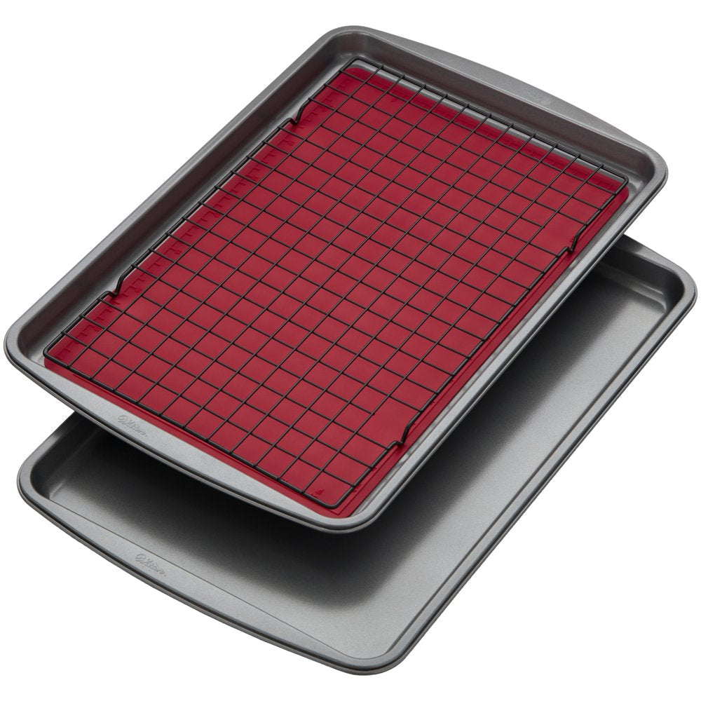 Nonstick Cookie Sheet, Cooling Grid and Silicone Baking Mat Bakeware Set, 4-Piece
