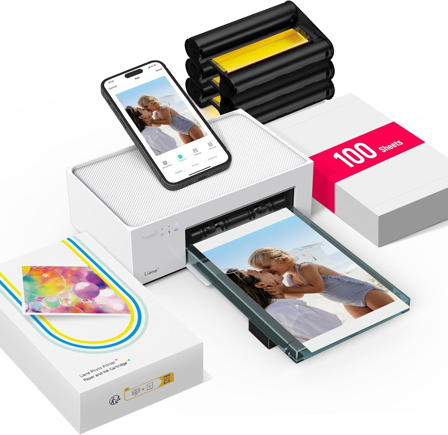 Liene M100 4X6'' Photo Printer, Phone Printer 100 Sheets & 3 Cartridges, Full-Color Photo, Portable Instant Photo Printer for Iphone Android, Thermal Dye Sublimation, Wi-Fi Picture Printer 100 Papers