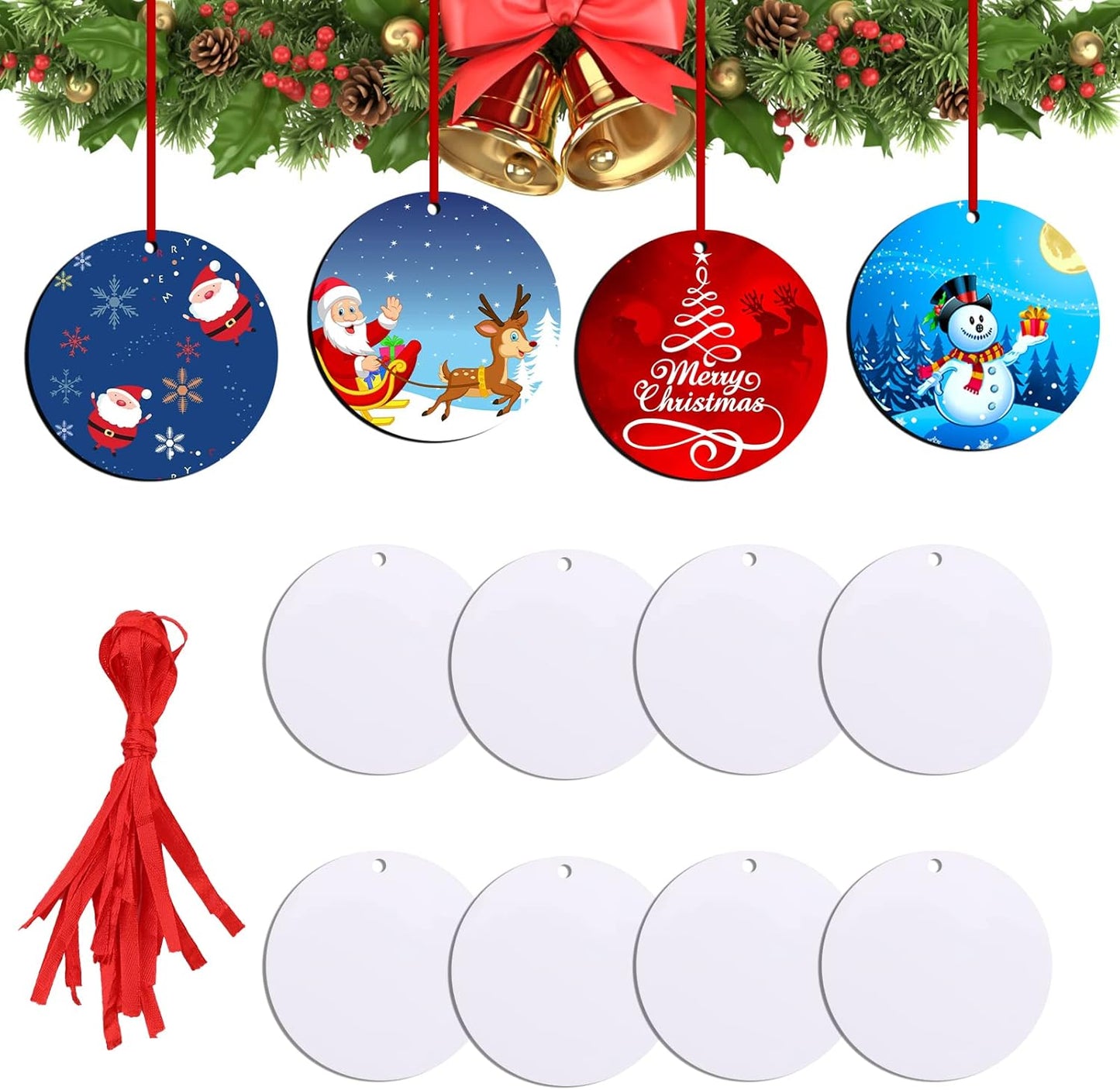 Sublimation Ornament Blanks 3.15 Inch - 12 PCS Sublimation Christmas Ornament Blanks with Red String - Personalized MDF Decoration Supplies for Halloween Christmas