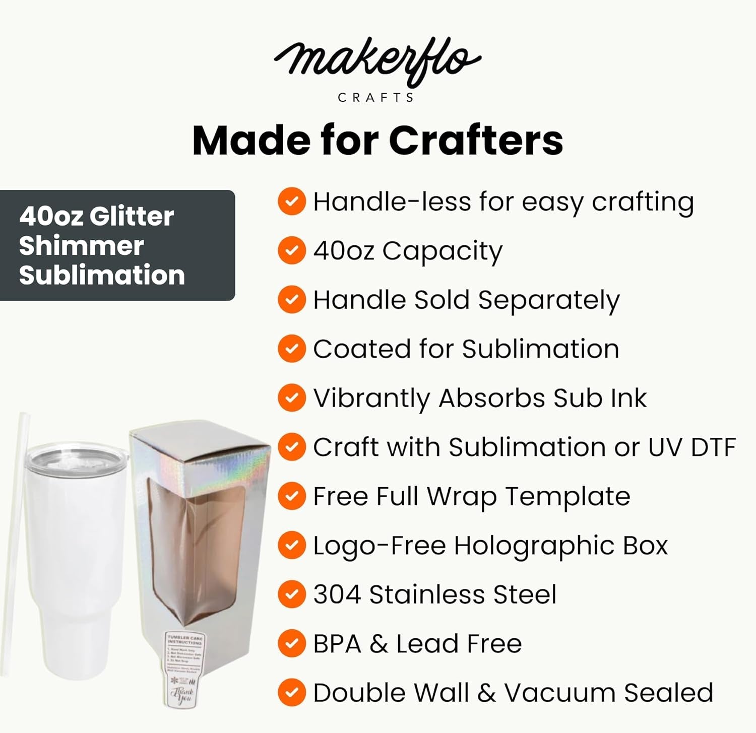 Makerflo 40 Oz White Glitter Shimmer Sublimation Blank Tumbler Pack of 25 with Lid and Straw | Craft-Ready for DIY Gifts & Personalization (Sublimation, Epoxy, UV DTF, Vinyl, and Laser Engraving)